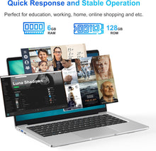 Load image into Gallery viewer, Ordinateur Portable 14 1" Pouces laptop 6 Go de RAM 128 Go de SSD N4000 Celeron Dual-Core Wi-Fi Bluetooth 2 4/5 0G 1366 * 768 IPS Design sans Ventilateur Inclus une Souris Clavier à Membrane.
