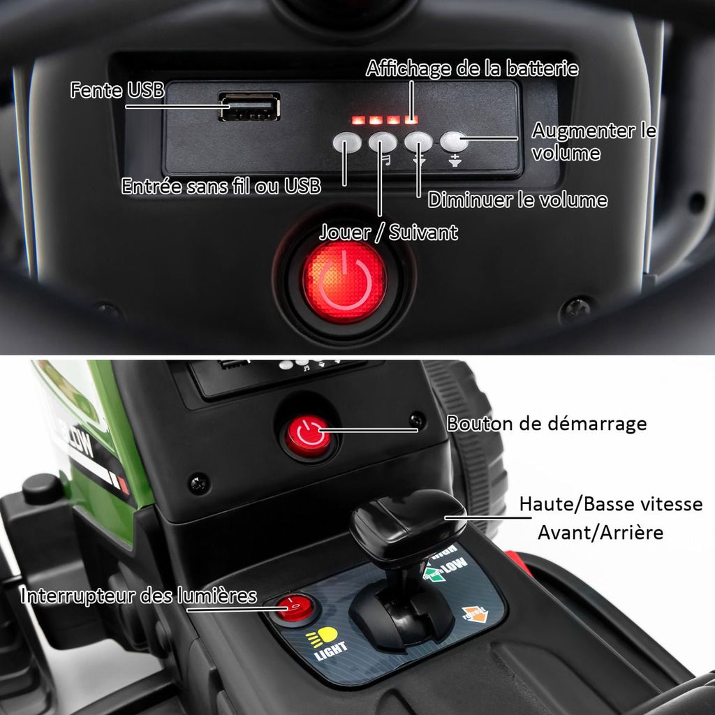 Tracteur Electrique avec Remorque pour Enfants 3 Vitesses Lumires LED Fonctions o USB et Bluetooth Jaune/Rose/Rouge/Vert/Vert Fonc/Noir -