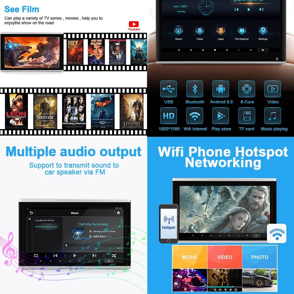 Lecteur vidéo HD 13,3 pouces (1080p) pour appuie-tête de voiture,Android 9.0,avec support de montage,écran tactile IPS 2 Go + 32 Go
