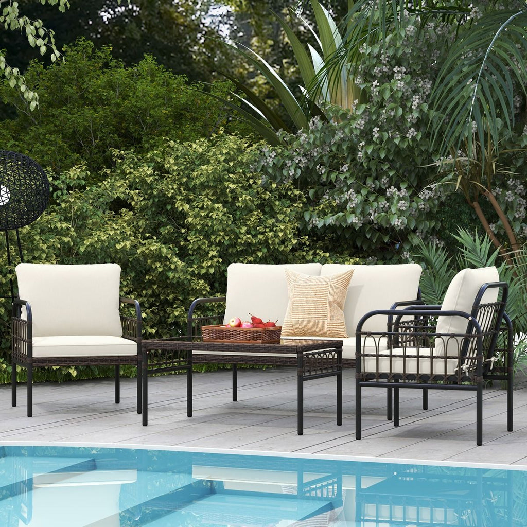 Meubles de Patio 4 Pièces en Rotin Charge 180-360KG avec Chaises Causeuse Coussins et Table Basse en Verre Trempé pour Balcon Blanc -