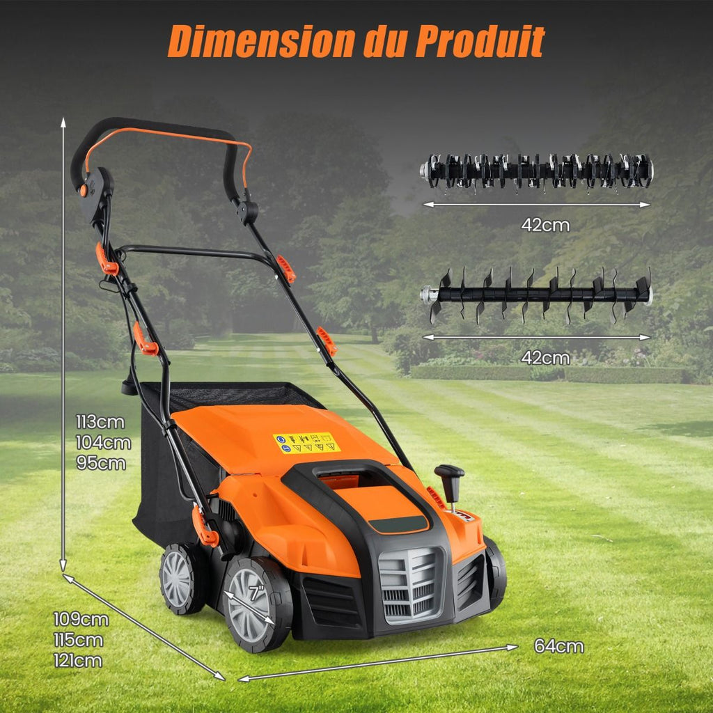Scarificateur Électrique 2 en 1 de 15A avec Double Interrupteur de Sécurité Réglable Sac de Ramassage 55 L Scarificateur Orange/Vert -