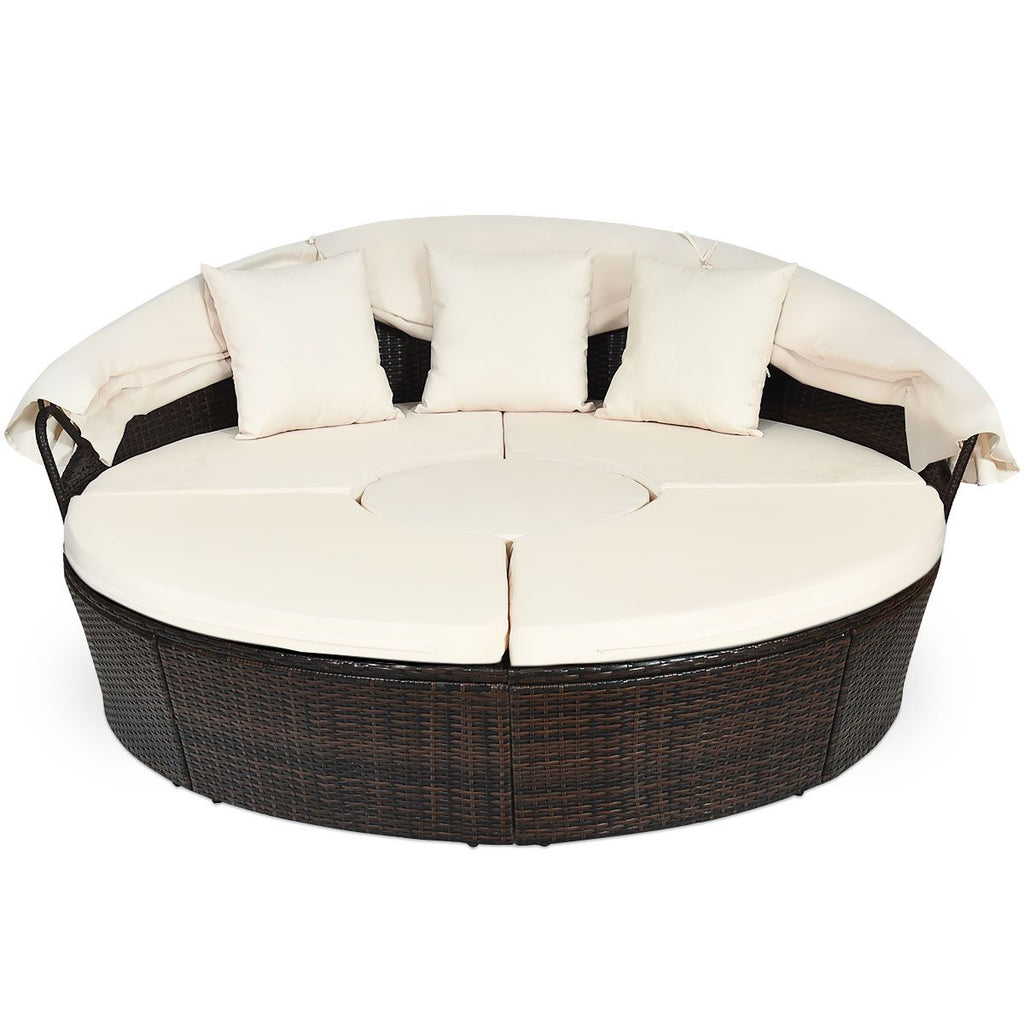 Lit de Jardin Rond d'Exterieur Table Relevable Modulable & Convertible - Pare Soleil Réglable rotin PE Coussins Inclus Beige -