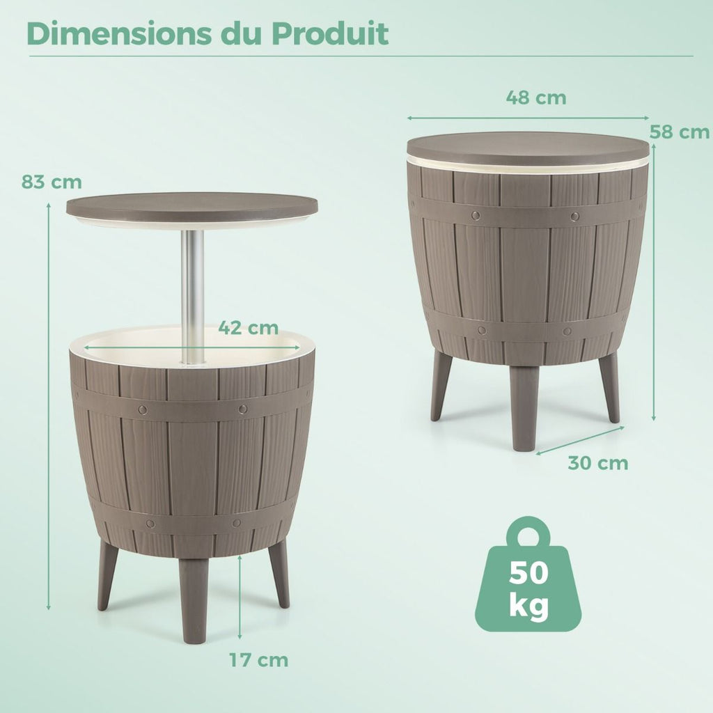 Table Glacière 37L pour Jardin 3 en 1 avec Plateau Télescopique Seau à Glace d'Extérieur pour Cocktails Bière Ø48x58/83cm Marron+Blanc -