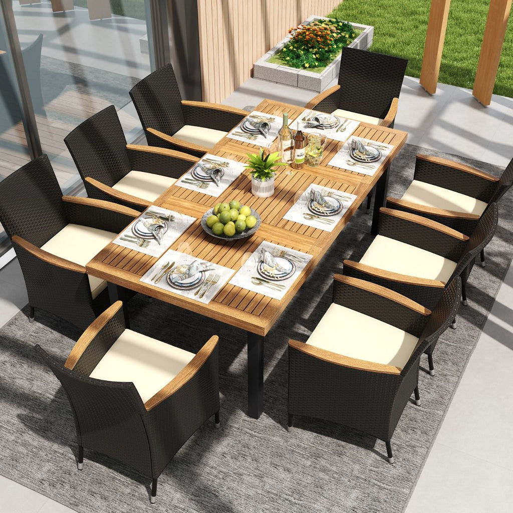 Table de Jardin 200 CM pour 8 Personnes Table Exterieur en Bois d’Acacia avec Trou de Parasol Dia.5 CM Design Latte Pieds en Métal -