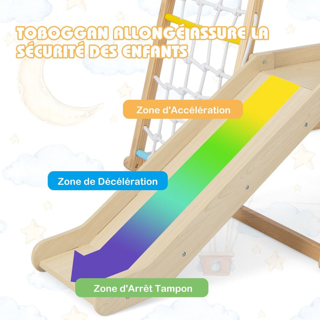 Triangle d'Escalade 6 en 1 en Bois avec Toboggan et Filet Barre pour Grimper Ramper et Glisser 1 An+ Coloré/Naturel -