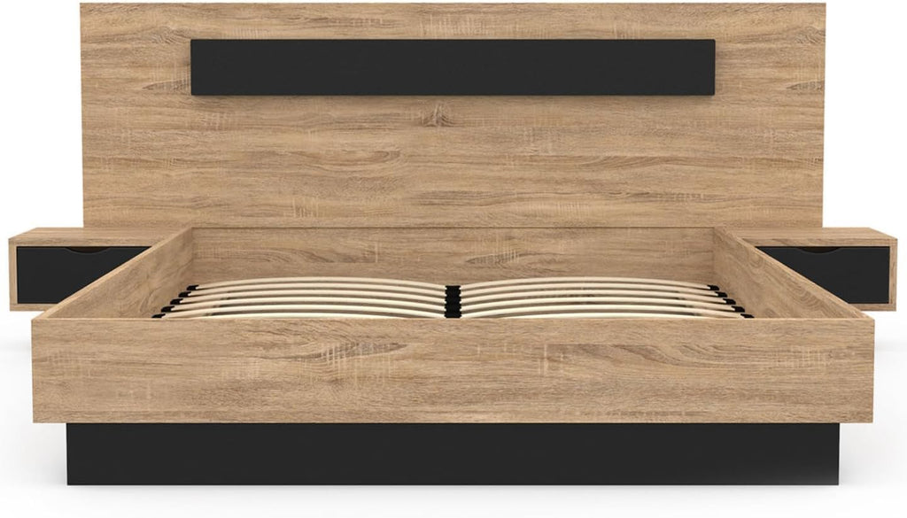 IDMarket - Lit Coffre Santa avec Tables de chevets intégrées et sommier 140x190cm Couleur Bois et Noir