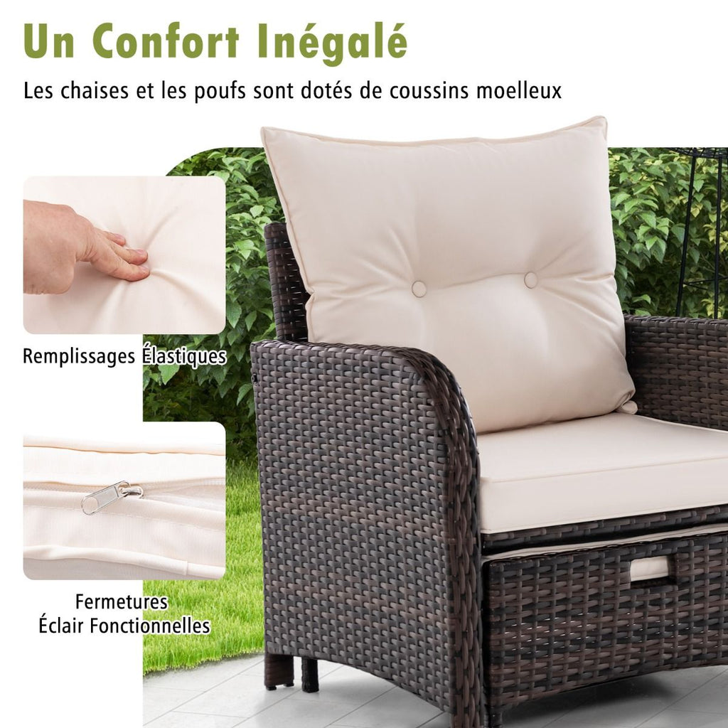 Meubles de Patio 5 Pices Ensemble de Canap d'Extrieur en Rotin avec 2 Chaises 2 Poufs et 1 Table Basse Coussins Doux Plateau en Verre Tremp Beige -
