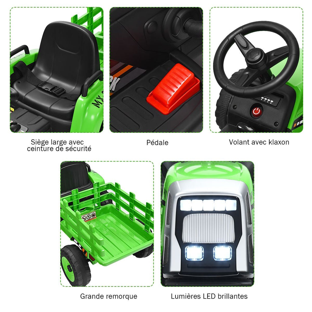 Tracteur Electrique avec Remorque pour Enfants 3 Vitesses Lumières LED Fonctions o USB et Bluetooth Jaune/Rose/Rouge/Vert/Vert Foncé/Noir -