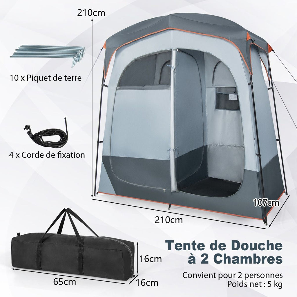Tente Cabine de Douche Portable 2 Personnes en 2 Parties avec Bâche de Pluie Amovible Corde à Linge Crochet 210x107x210 cm Gris -