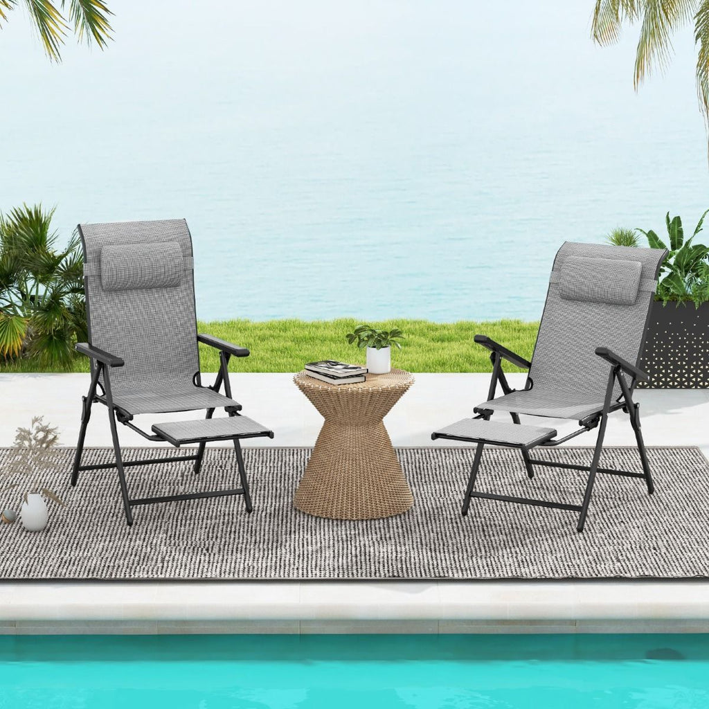Lot de 2 Chaises Longues Pliantes et Inclinables Dossiers et Accoudoirs Réglables à 10 Niveaux Repose-Pied Rétractable Capacité 150 Kg Gris -