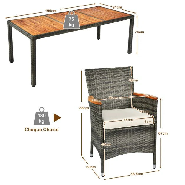 Salon de jardin avec 1 table et 8 chaises en bois et rotin anti-uv pieds réglables et coussins imperméables inclus 20_0009211 -