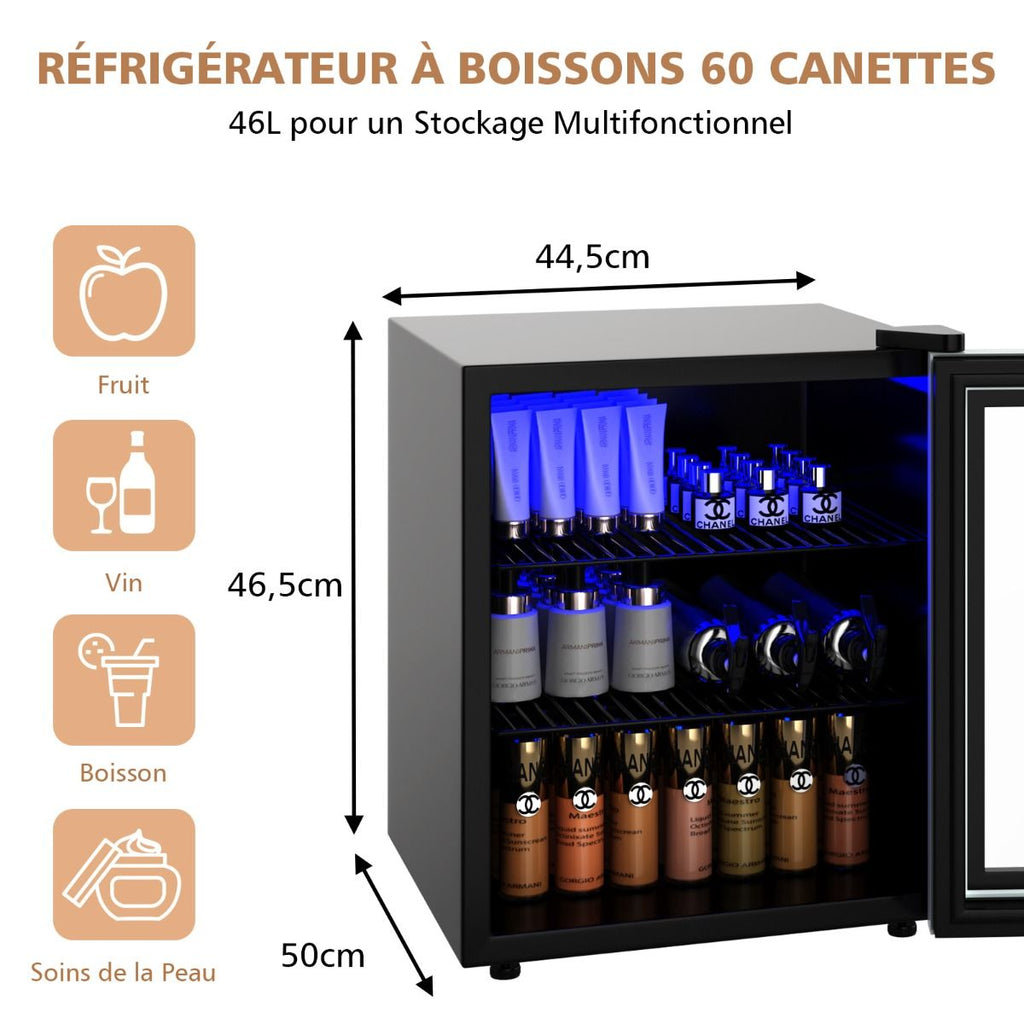 Réfrigérateur et Refroidisseur de Boissons 60 Canettes Mini Frigo avec Porte en Verre & Étagères Amovibles Ajustables (60 Canettes) Noir -