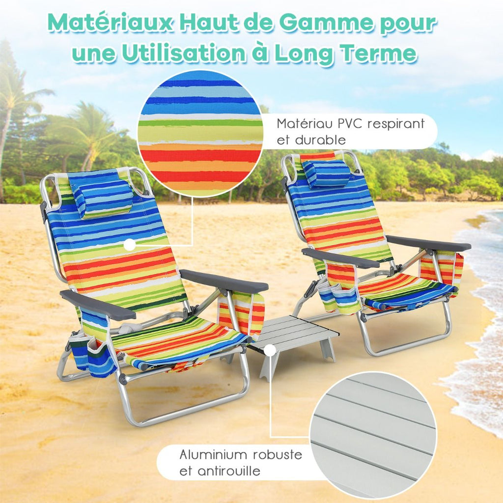 Lot de 2 Chaises de Camping Plage Pliante Table Enroulable en Aluminium Appui-tête Dossier Réglable à 5 Positions 6 Couleurs au Choix -