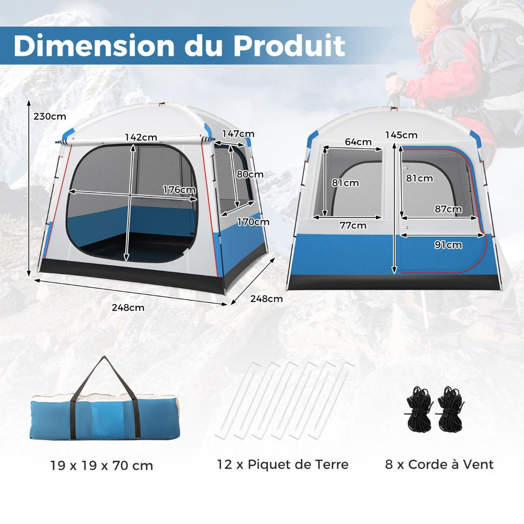 Tente de Camping pour 5 Personnes Tente D么me tanche avec Porte et Fen锚tres en Maille Sac de Transport 248x248x230cm Bleu + Blanc -