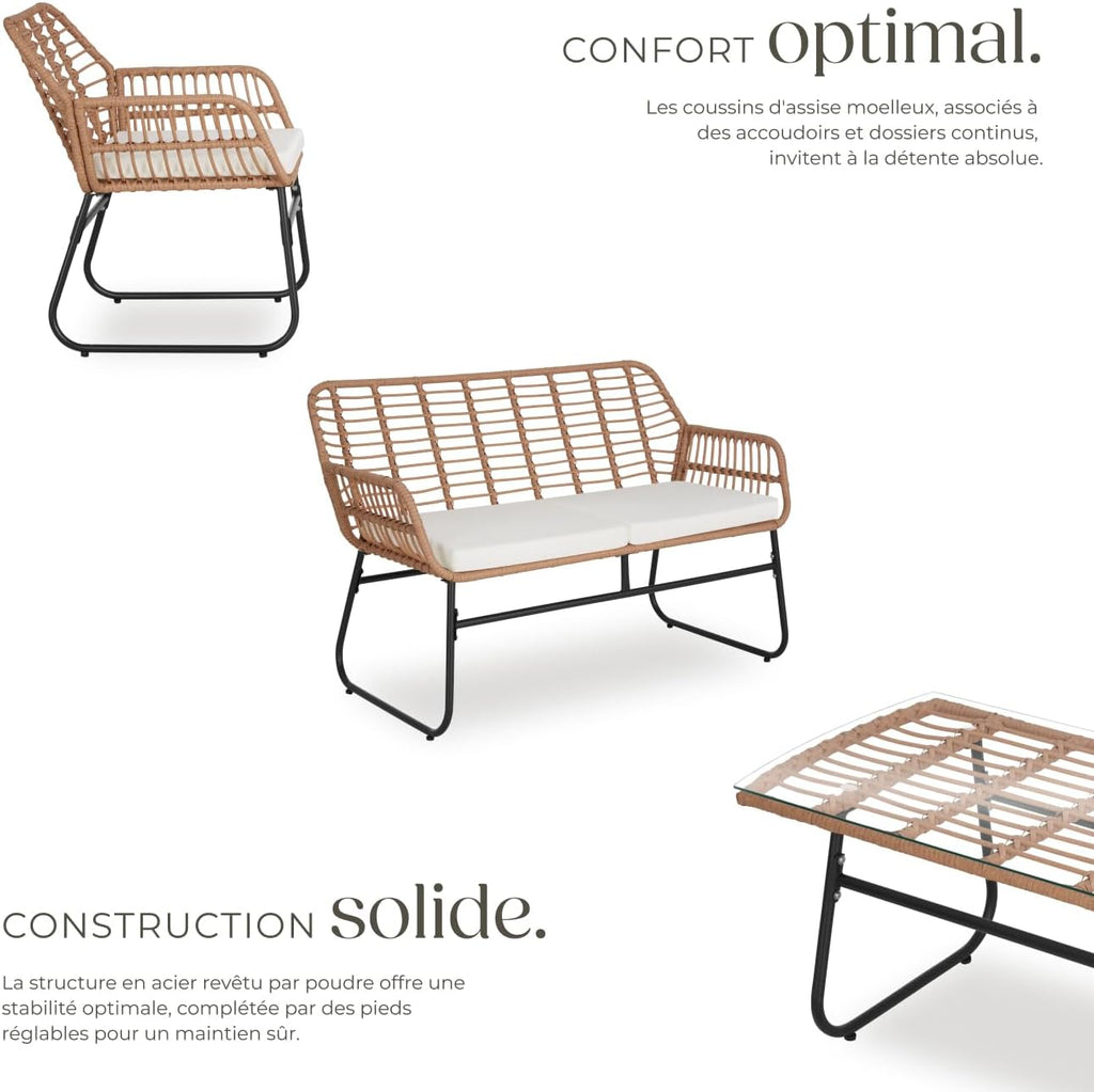 TecTake® Salon de Jardin Extérieur en Poly Rotin 4 Personnes Ensemble Canapé 2 Places 2 Fauteuil Salon et Table de Jardin, Coussins Amovibles Inclus, Amenagement Balcon Terrasse Veranda