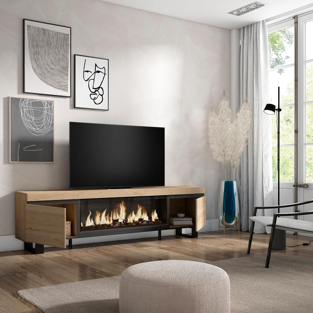 Skraut Home | Meuble TV | Banc Télé | Grand Espace de Rangement | 210 | pour Les TV jusqu'à 80" | Cheminée électrique XXL | Design Industriel | Style Moderne | Chêne