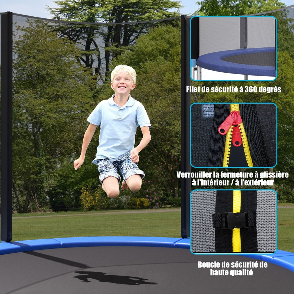 Trampoline de Jardin Ø 305cm avec Filet de Sécurité Porte Entrée Echelle Noir et Bleu -