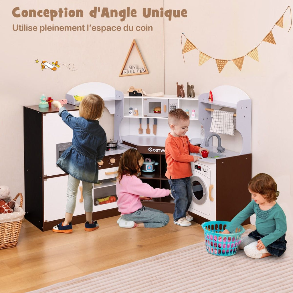 Jeu de Cuisine d'Angle pour Enfants de 3 Ans et Plus en Bois Machine  Glaons Porte-serviettes Accessoires Effets Sonores et Lumineux -