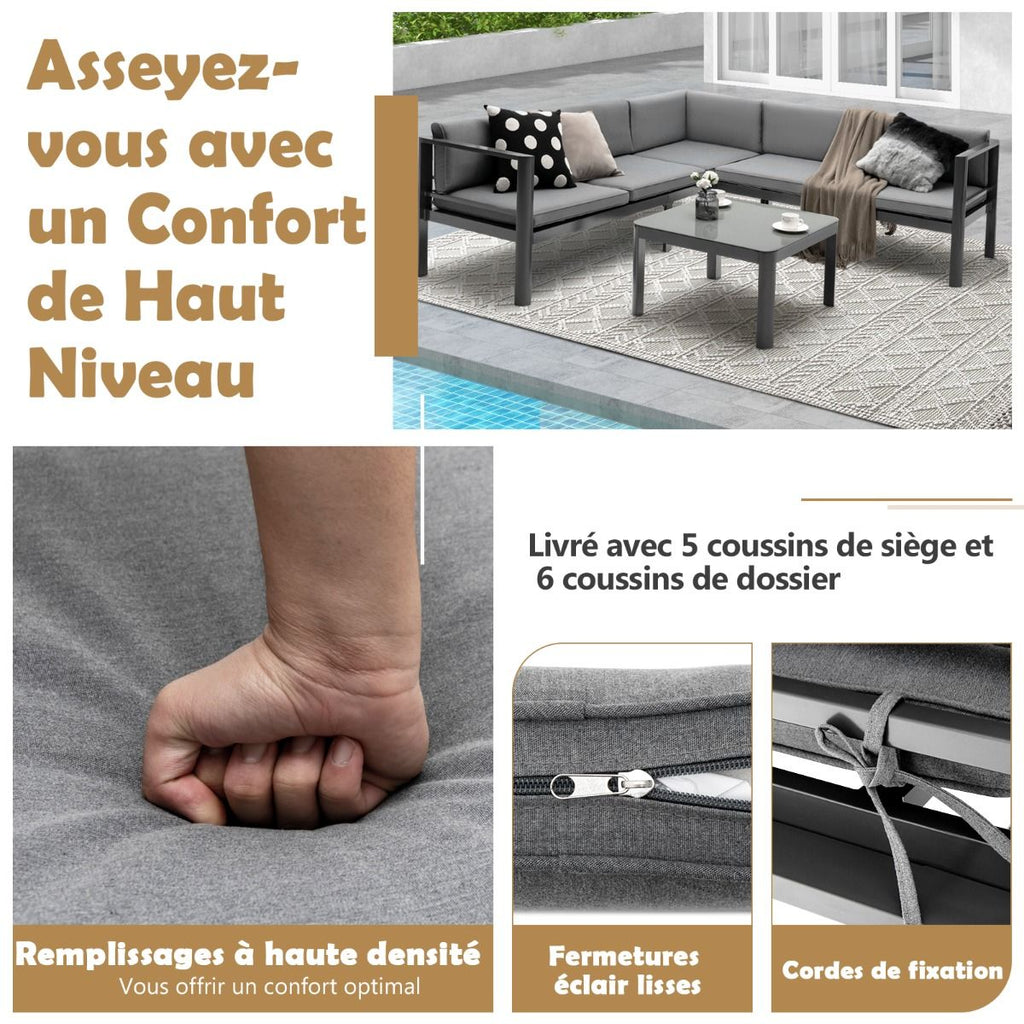 Salon de Jardin Extérieur avec Table Basse en Verre Trempé Canapéavec Dossier Inclinable à 6 Niveaux Coussins Inclus Gris -