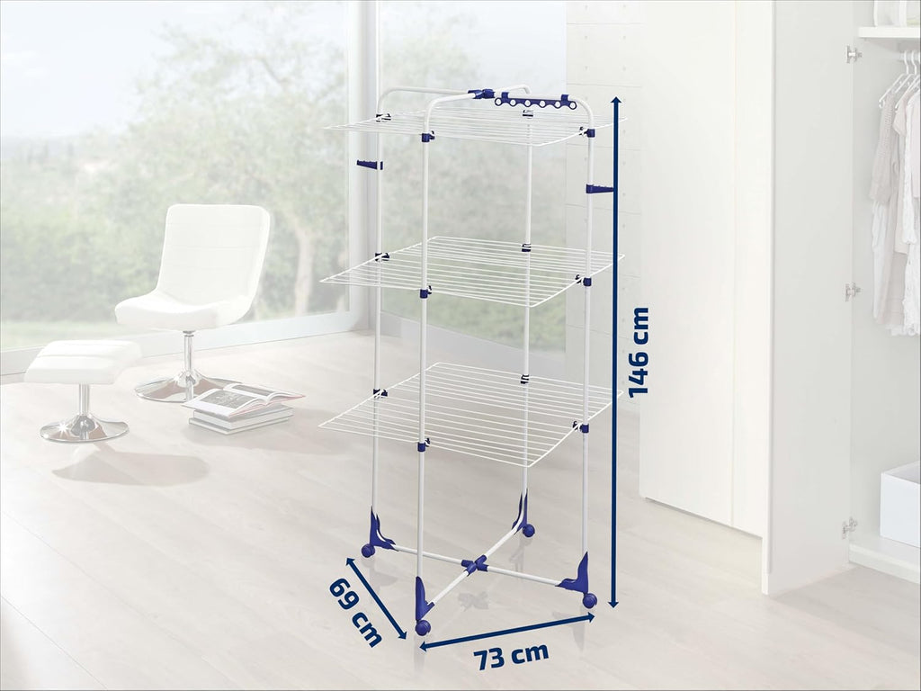 Leifheit Tour de séchage Classic Tower 340, étendoir à linge pliable à 3 niveaux, séchoir à linge tour 34 m avec cadres rabattables & roulettes 360°
