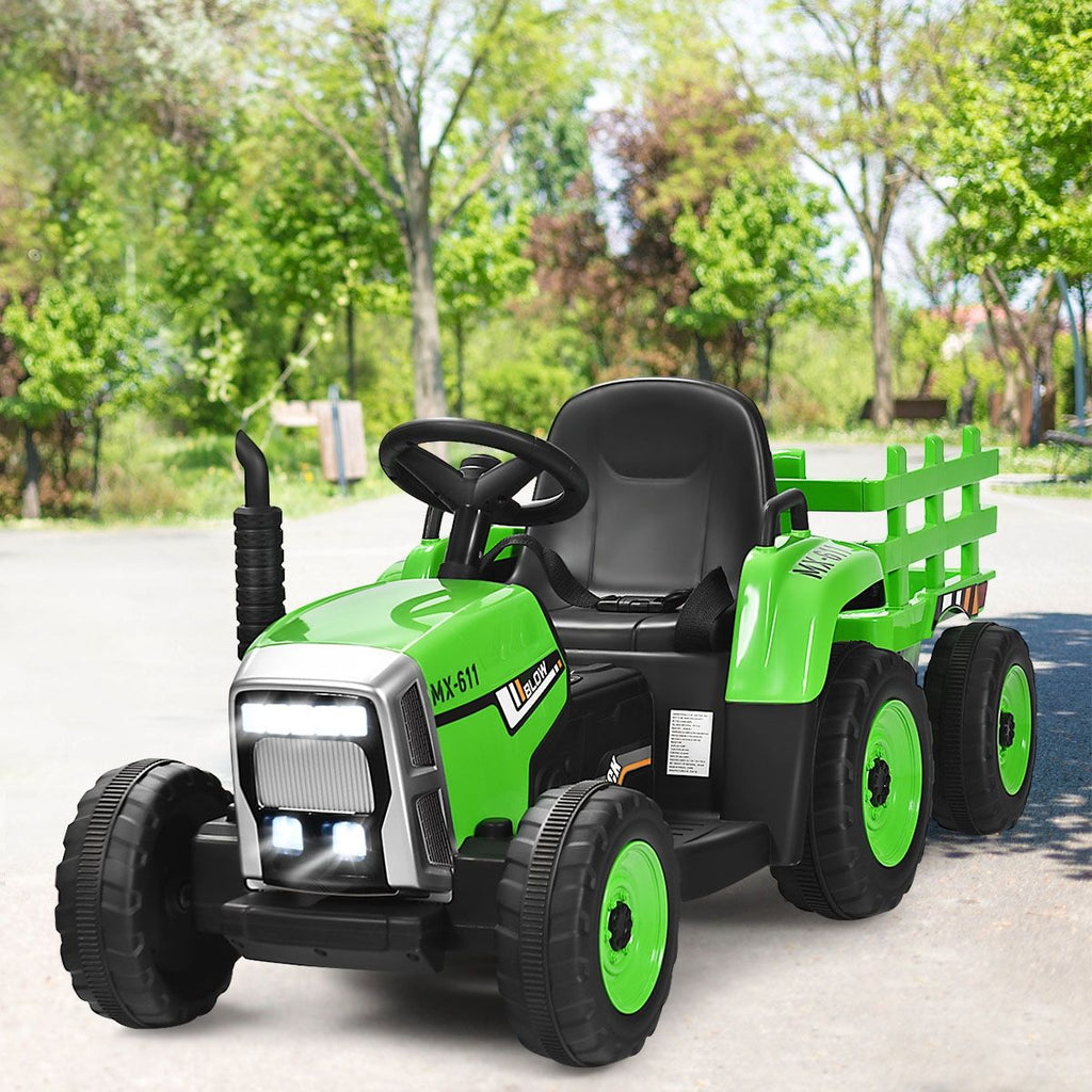 Tracteur Electrique avec Remorque pour Enfants 3 Vitesses Lumières LED Fonctions o USB et Bluetooth Jaune/Rose/Rouge/Vert/Vert Foncé/Noir -