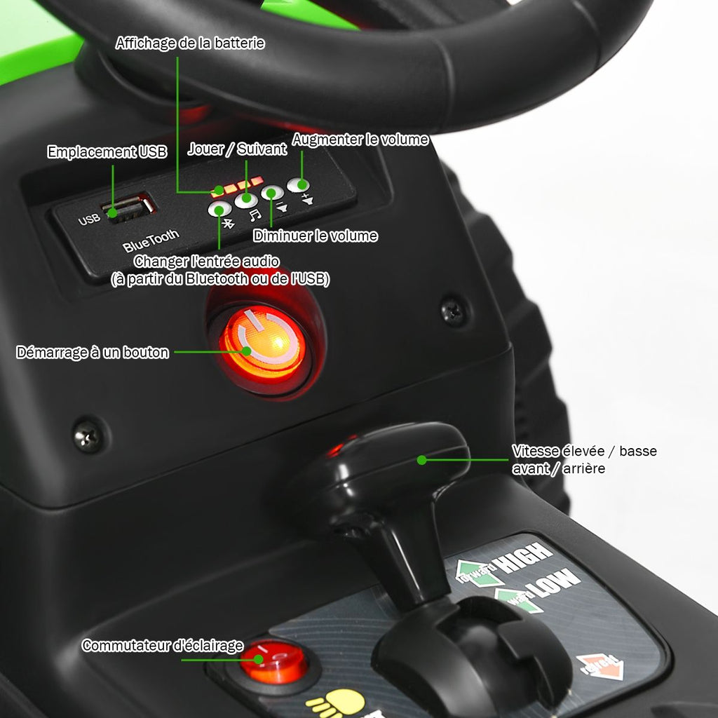 Tracteur Electrique avec Remorque pour Enfants 3 Vitesses Lumières LED Fonctions o USB et Bluetooth Jaune/Rose/Rouge/Vert/Vert Foncé/Noir -
