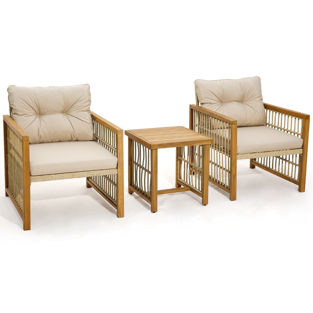 Salon de Jardin avec 1 Table et 2 Fauteuils en Bois d'Acacia et Rotin Anti-UV Pieds Réglables Coussins avec Zip Nautel -