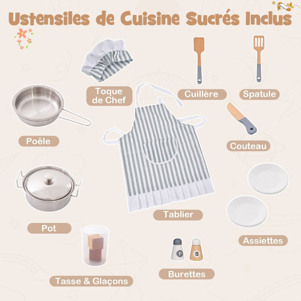 Jeu de Cuisine d'Angle pour Enfants de 3 Ans et Plus en Bois Machine  Glaons Porte-serviettes Accessoires Effets Sonores et Lumineux -