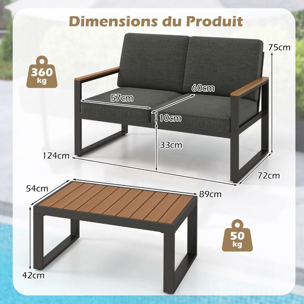 Salon de Jardin 2 Pièces avec Table Basse Causeuse Ensemble de Meubles d'Extérieur en Aluminium avec Accoudoirs Gris -