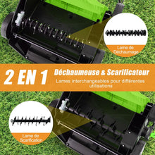 Load image into Gallery viewer, Scarificateur Électrique 2 en 1 de 15A avec Double Interrupteur de Sécurité Réglable Sac de Ramassage 55 L Scarificateur Orange/Vert -