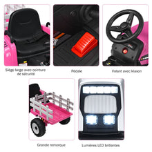 Load image into Gallery viewer, Tracteur Electrique avec Remorque pour Enfants 3 Vitesses Lumires LED Fonctions o USB et Bluetooth Jaune/Rose/Rouge/Vert/Vert Fonc/Noir -
