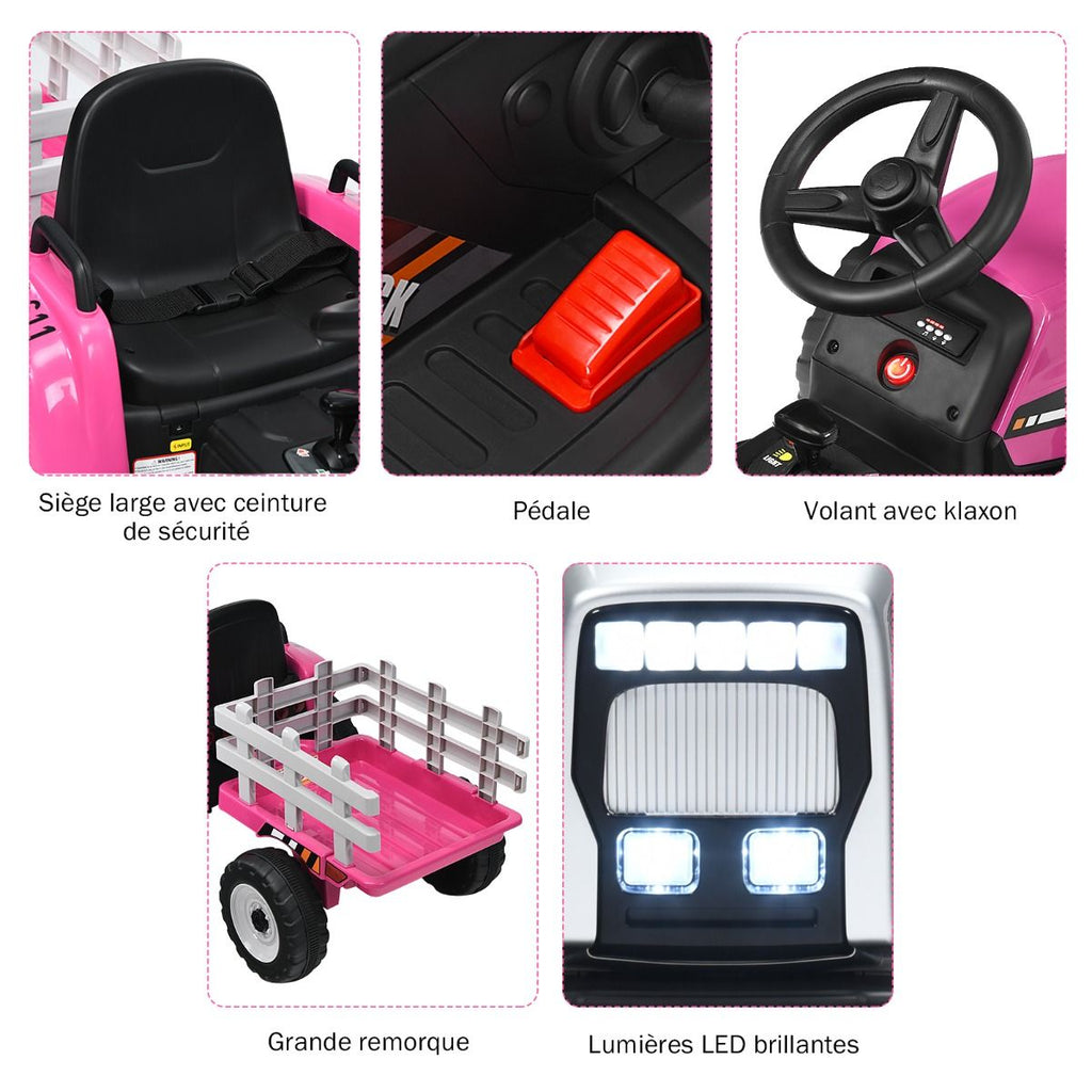 Tracteur Electrique avec Remorque pour Enfants 3 Vitesses Lumières LED Fonctions o USB et Bluetooth Jaune/Rose/Rouge/Vert/Vert Foncé/Noir -