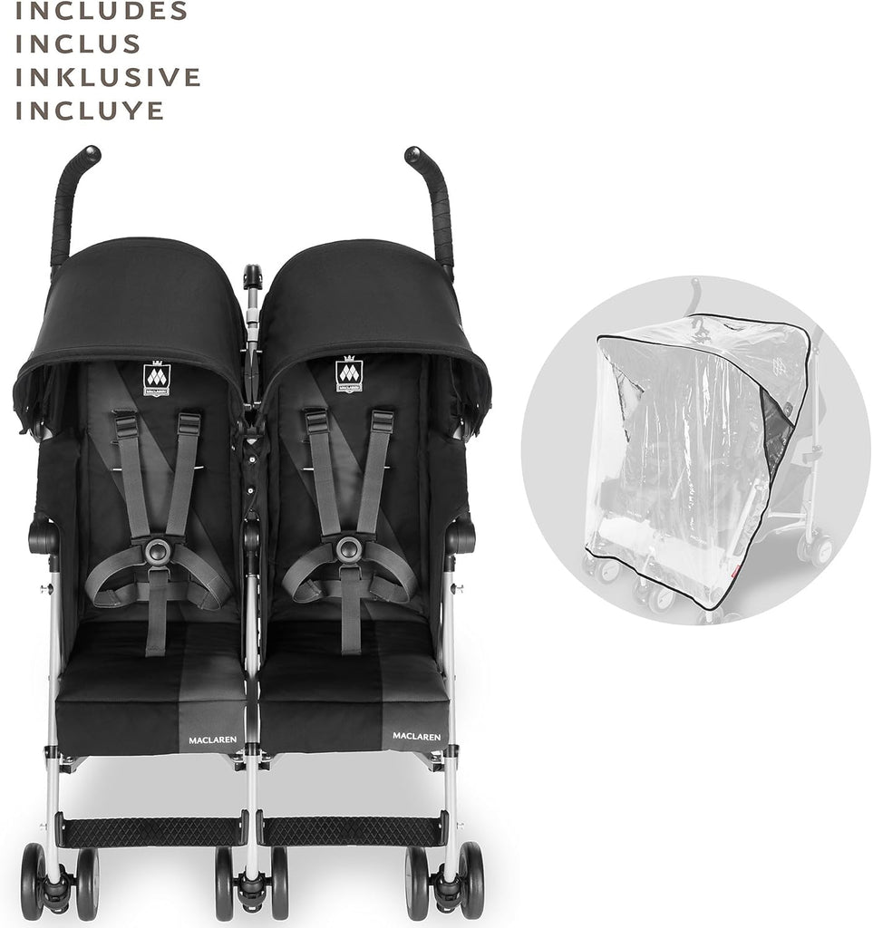 Poussette double Maclaren Twin Triumph (6 mois,jusqu'à 15 kg,un enfant par siège),légère et compacte,capote extensible UPF 50+ avec habillage pluie - Noir/Anthracite