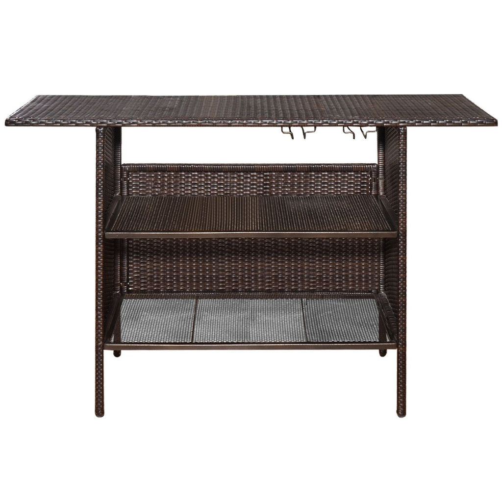 Table de Bar de Jardin en Résine Tressée avec 2 Etagères de Rangement 2 de Rails pour Porte-Verres Marron -
