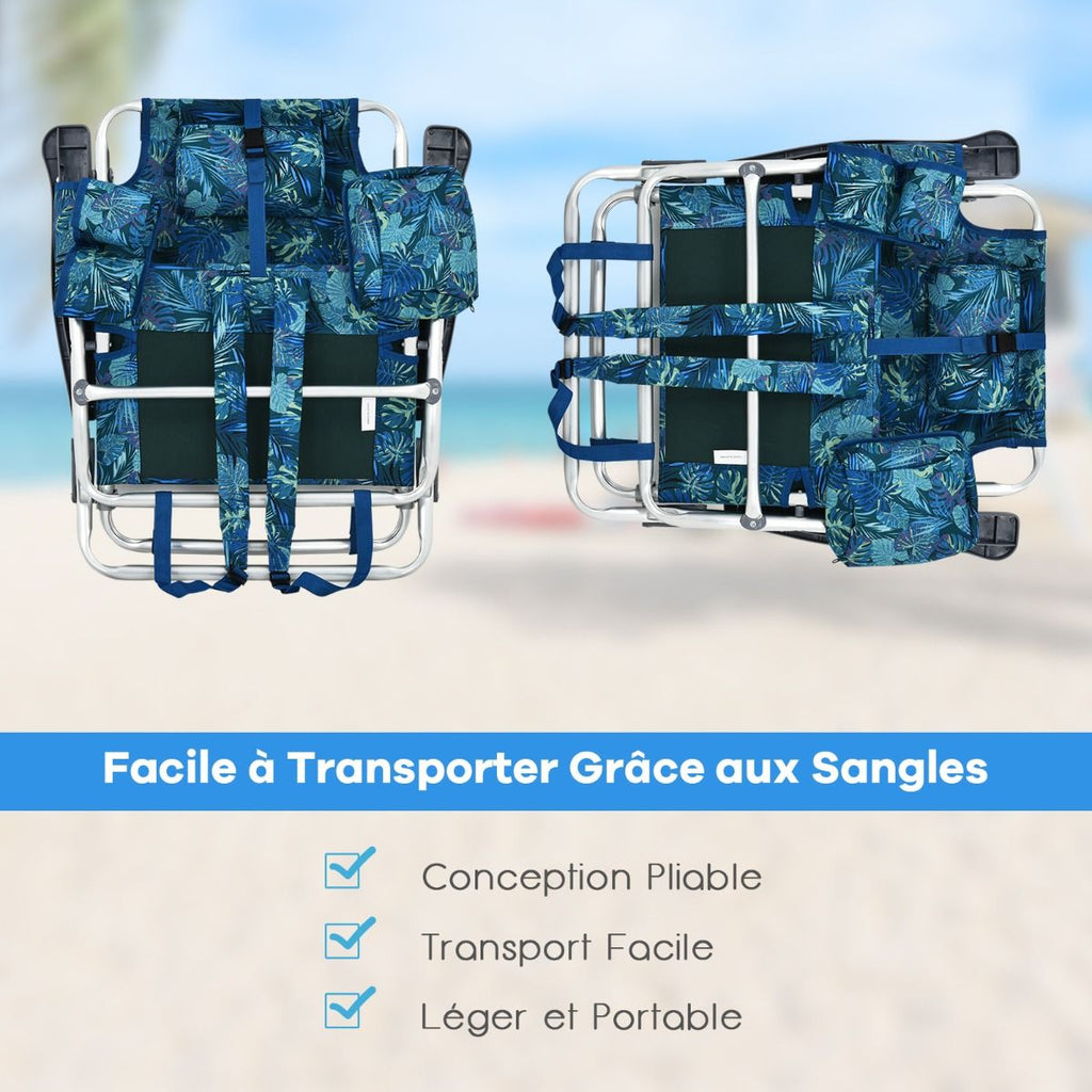 Lot de 2 Chaises de Camping Plage Pliante Table Enroulable en Aluminium Appui-tête Dossier Réglable à 5 Positions 6 Couleurs au Choix -