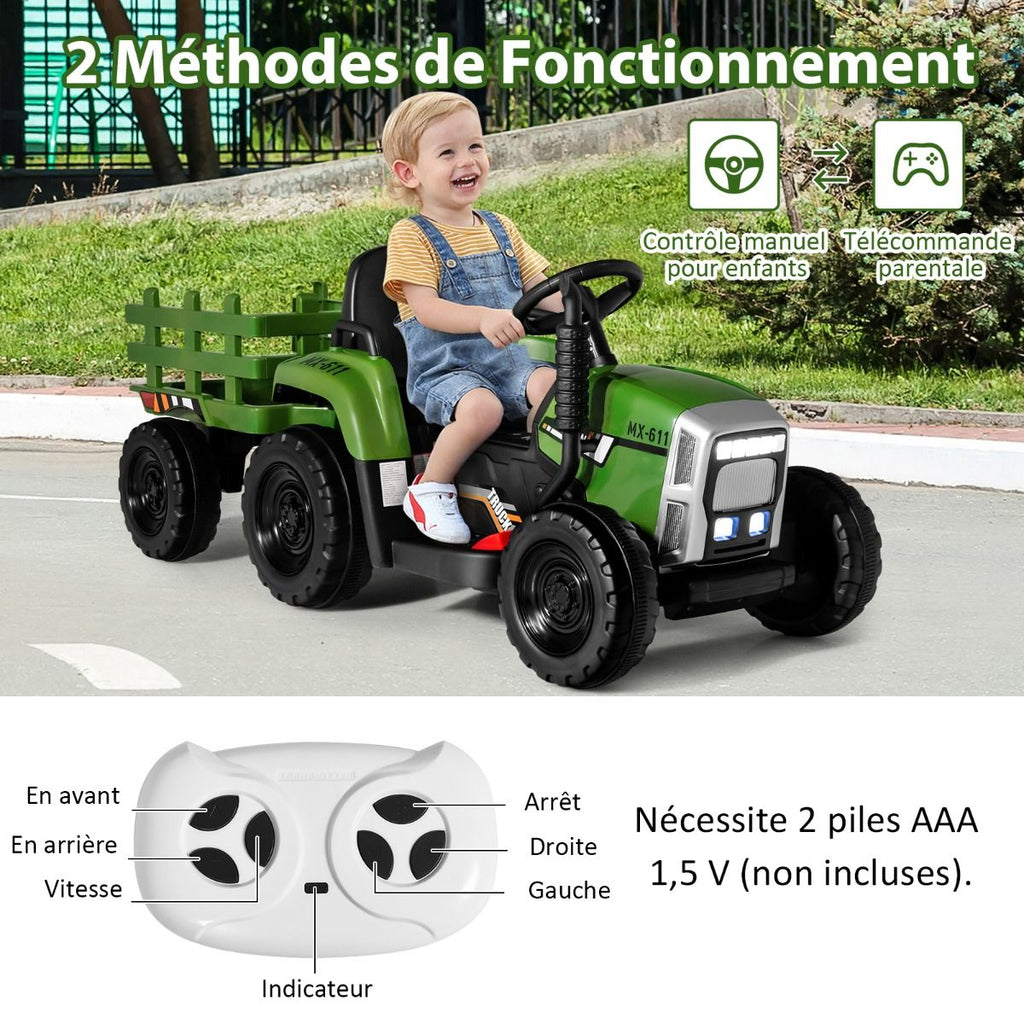Tracteur Electrique avec Remorque pour Enfants 3 Vitesses Lumires LED Fonctions o USB et Bluetooth Jaune/Rose/Rouge/Vert/Vert Fonc/Noir -