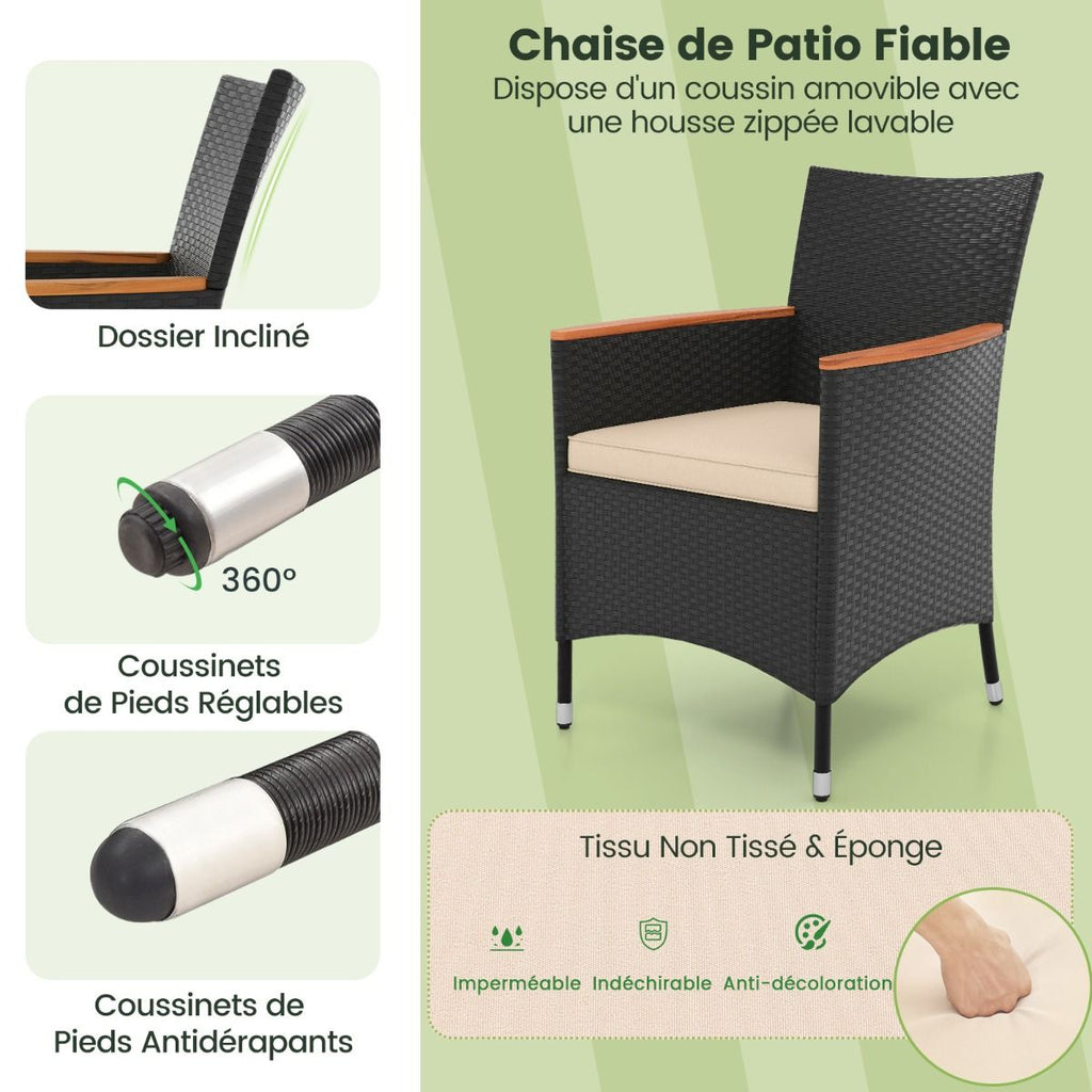 Salon de Jardin en Rotin 9 Pices Plateau de Table en Acacia Ensemble de Salle  Manger avec Coussins Amovibles Trou Charge 180KG Beige+Noir -