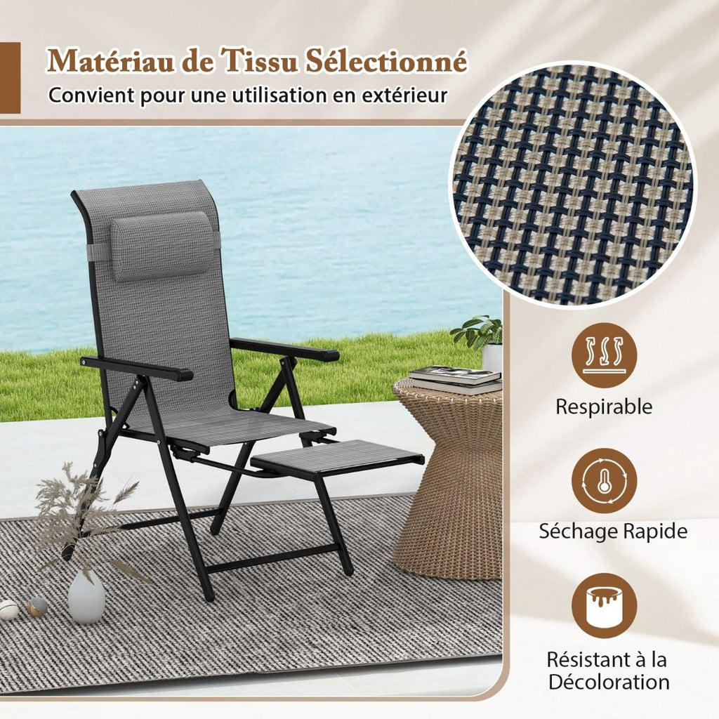 Lot de 2 Chaises Longues Pliantes et Inclinables Dossiers et Accoudoirs Réglables à 10 Niveaux Repose-Pied Rétractable Capacité 150 Kg Gris -