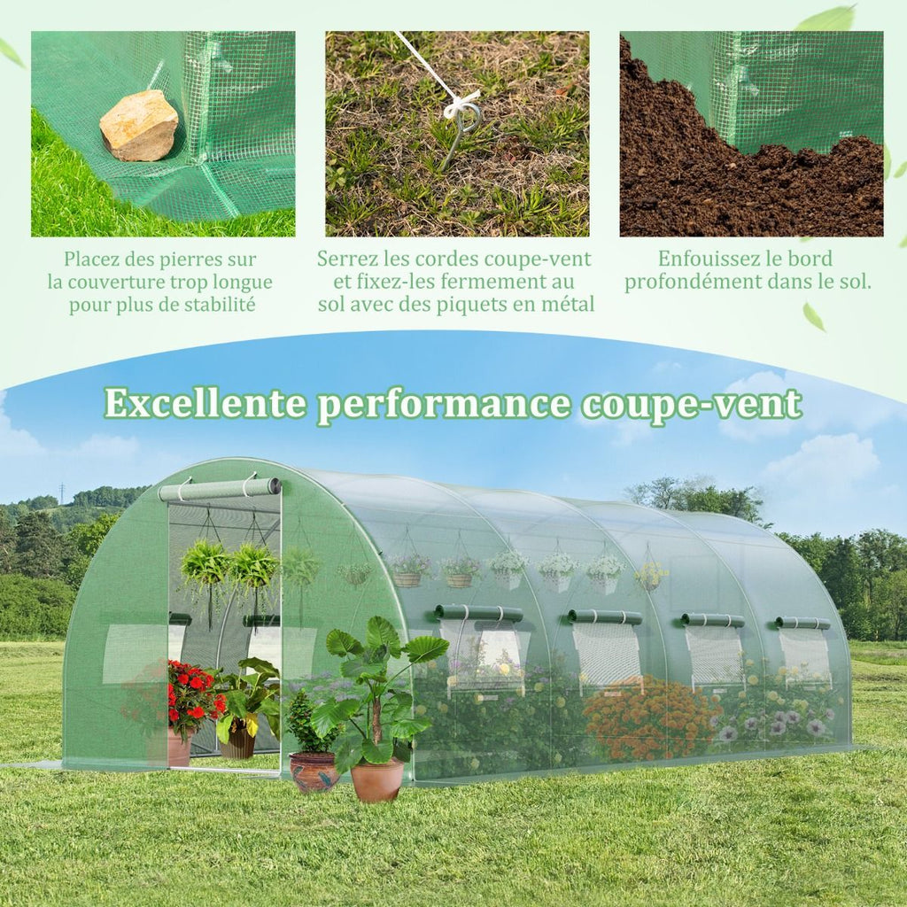 Serre de Jardin Tunnel Cadre en Acier Galvanisé Robuste Serre Tunnel Coupe-vent avec Cerceau 8 Fenêtres Enroulables Vert -