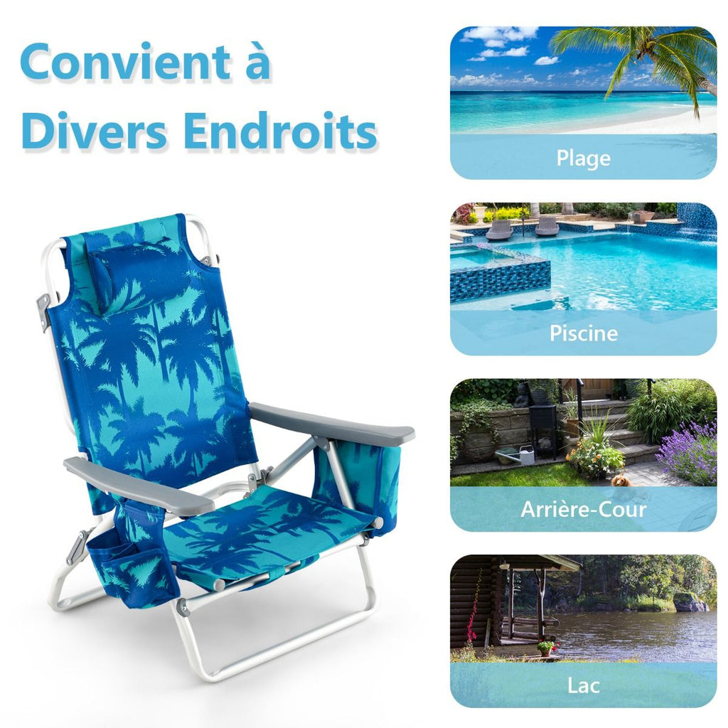Lot de 2 Chaises de Camping Plage Pliante Table Enroulable en Aluminium Appui-tête Dossier Réglable à 5 Positions 6 Couleurs au Choix -