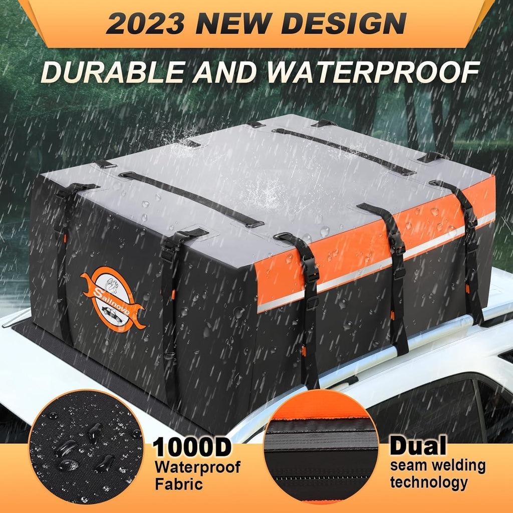 Sailnovo Coffre de Toit Souple de 0,6 m³ avec Tapis antidérapant + 6 Crochets de Porte, Sac de Toit imperméable en PVC pour Voiture avec/sans Porte-Bagages, Noir