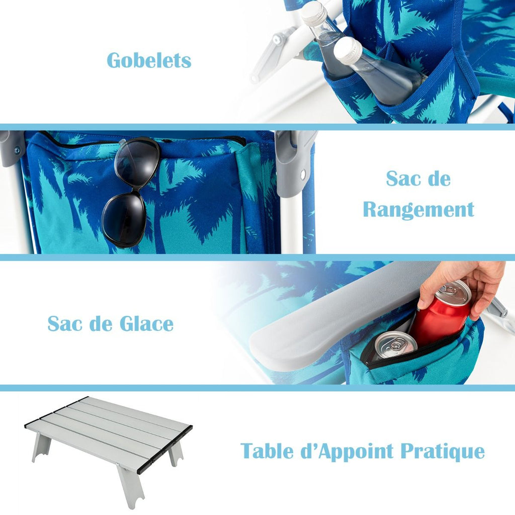 Lot de 2 Chaises de Camping Plage Pliante Table Enroulable en Aluminium Appui-tête Dossier Réglable à 5 Positions 6 Couleurs au Choix -