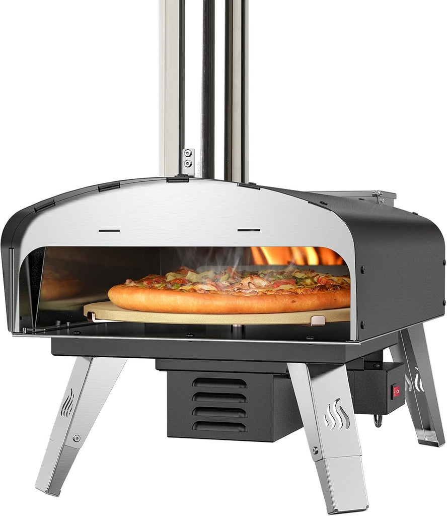 Mimiuo Four à Pizza Noir au Charbon de Bois pellets, Four à Bois Premium pour Jardin avec système de Rotation Automatique, avec Pelle et Pierre à Pizza (Tisserie W-Oven Series)