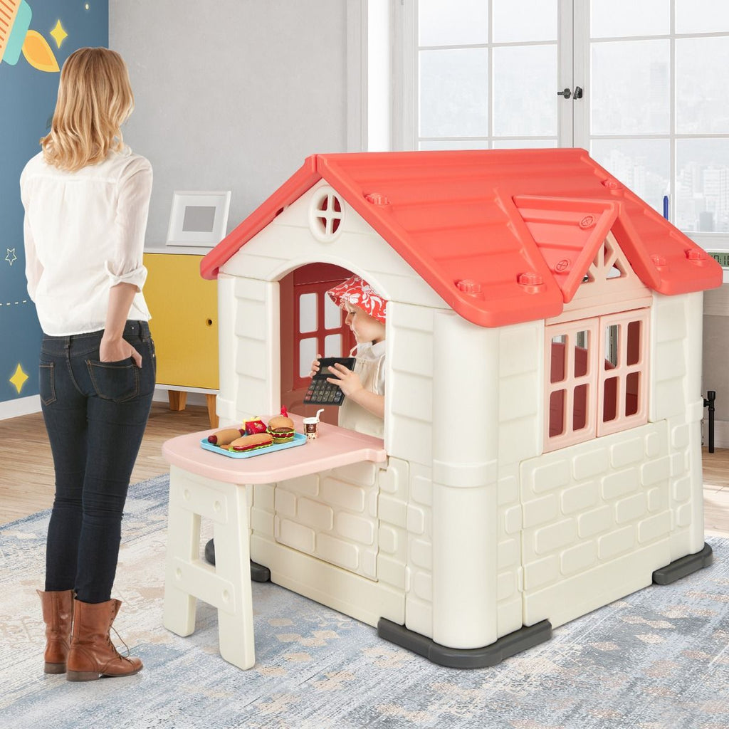 Maison Chef House -Thme Burger Bar - Table de Pique Nique Cabane de Jardin Anti-UV en Plastique 164x124x132 cm Bleu/Rose/Jaune -