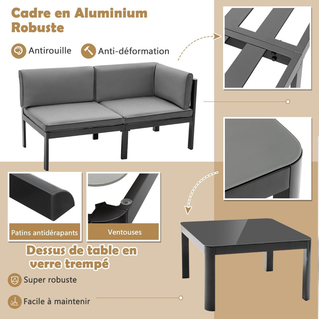 Salon de Jardin Extrieur avec Table Basse en Verre Tremp Canapavec Dossier Inclinable  6 Niveaux Coussins Inclus Gris -