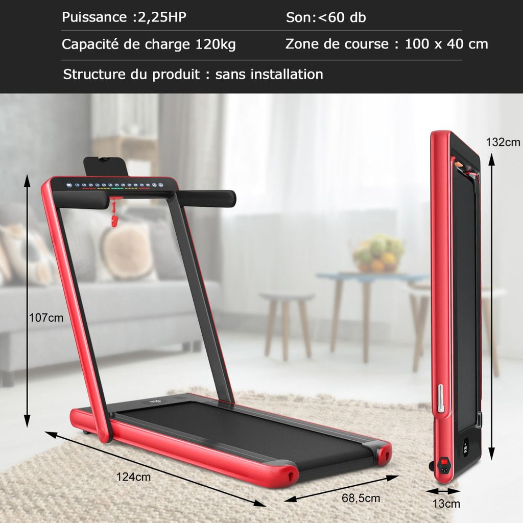 Tapis de Course Pliable 0,75HP Double Affichage LED APP et Télécommande Vitesse Motorisé 12 km/h Surface 40x100cm Rouge -