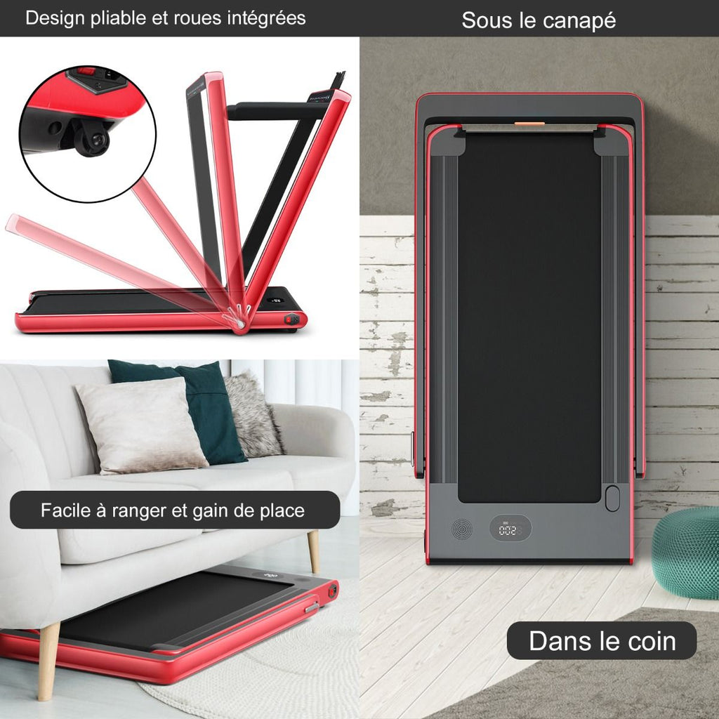 Tapis de Course Pliable 0,75HP Double Affichage LED APP et Tlcommande Vitesse Motoris 12 km/h Surface 40x100cm Rouge -