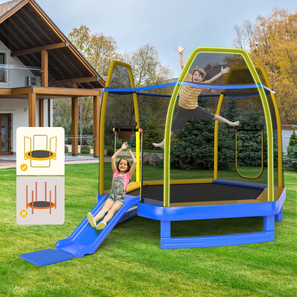 Trampoline Extérieur Ø 223cm avec Toboggan&Echelle avec Filet de Sécurité 2 Portes en U Charge 270kg pour 2-3 Enfants de 3 Ans+ Bleu/Vert -