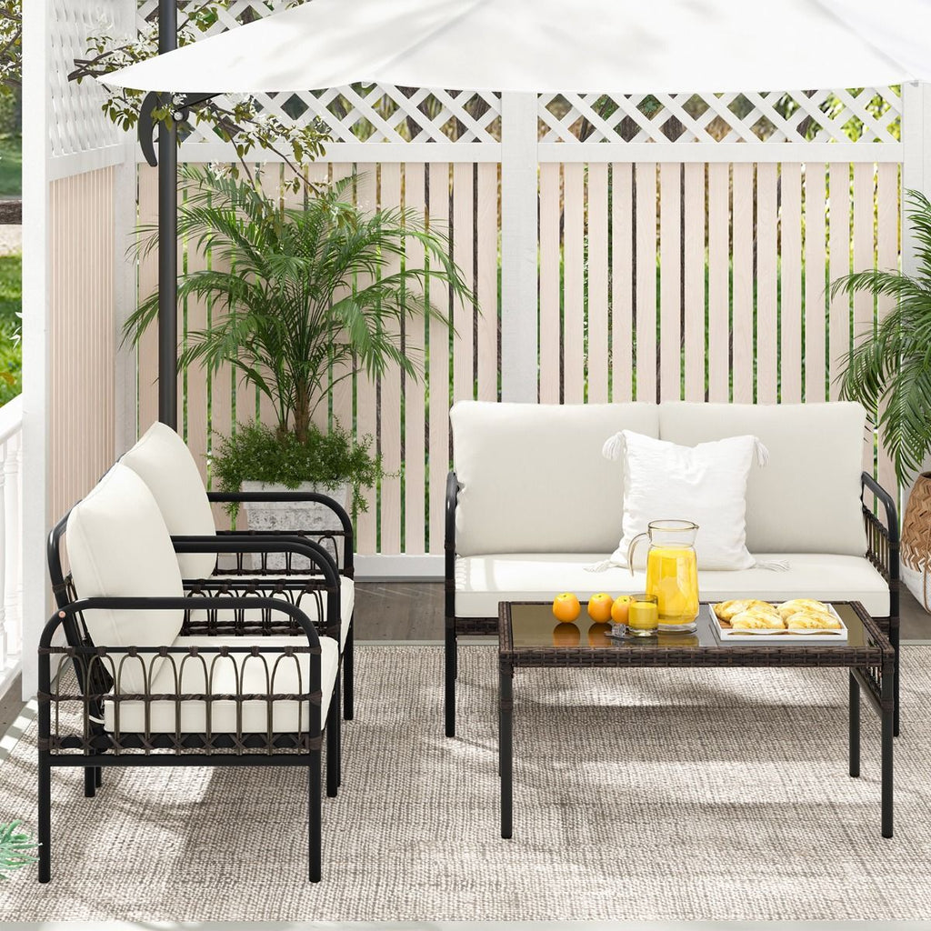 Meubles de Patio 4 Pièces en Rotin Charge 180-360KG avec Chaises Causeuse Coussins et Table Basse en Verre Trempé pour Balcon Blanc -
