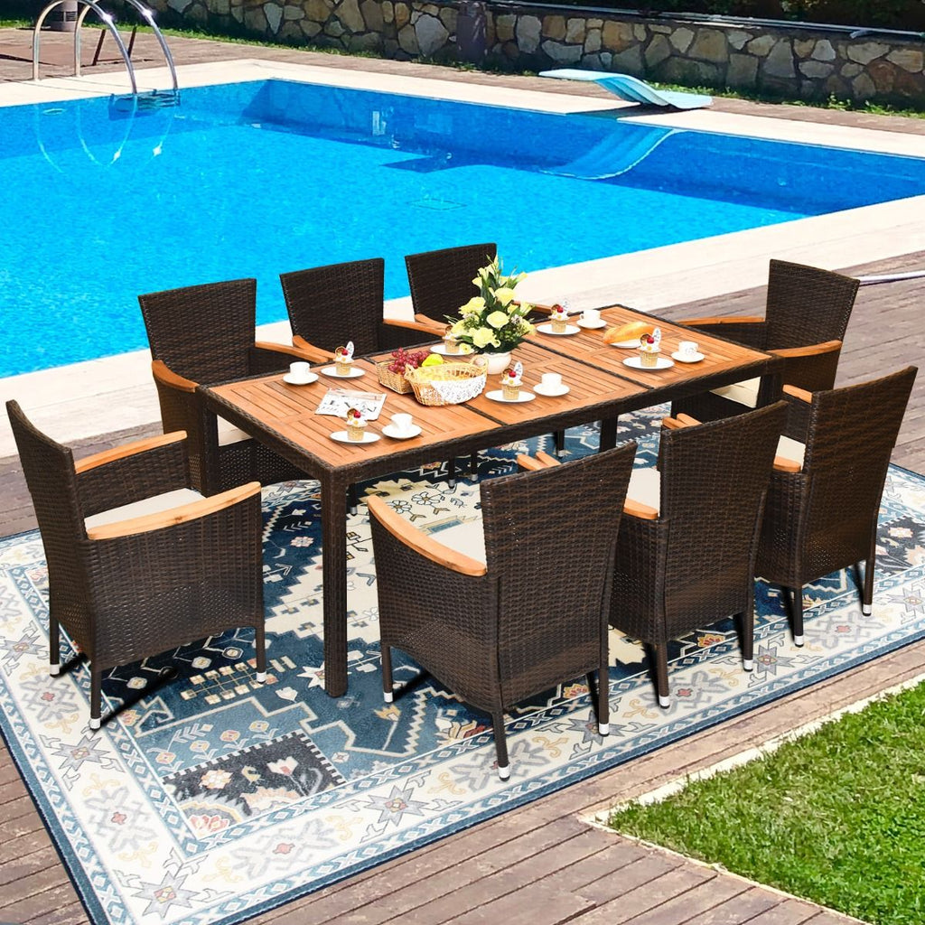 Salon de Jardin en Rotin 9 Pièces pour 8 Personnes Plateau de Table en Acacia Ensemble de Salle à Manger avec Coussins Amovibles Charge 160KG -